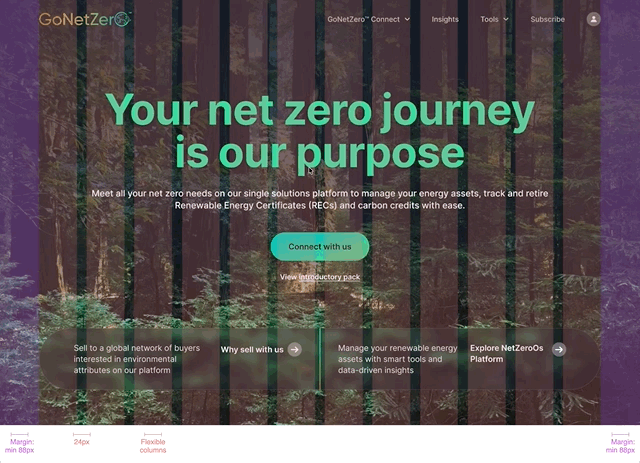 Inherited marketing homepage with the 12-column grid overlaid, showing 88px minimum margins and flexible 24px-gutter columns