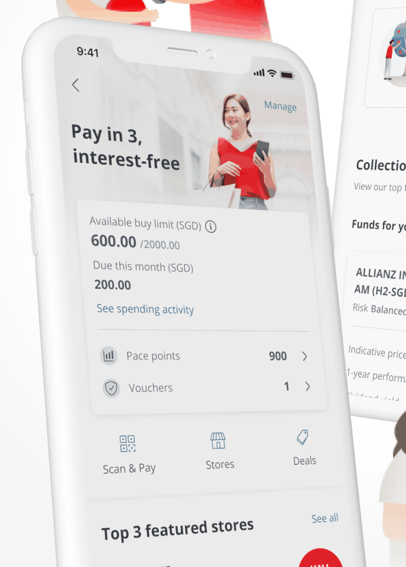 BNPL Pay in 3 interest-free dashboard showing buy limit, Pace points and vouchers