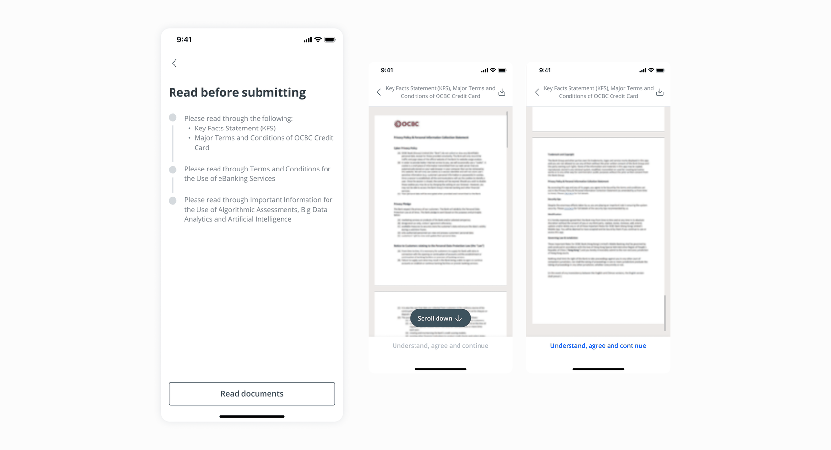 Screens showing the scroll-gated consent pattern built for Hong Kong, for reading Key Facts Statement and Terms and Conditions before agreeing