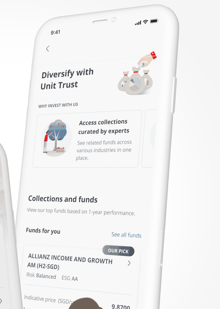 Diversify with Unit Trust discovery screen showing curated fund collections and recommended funds
