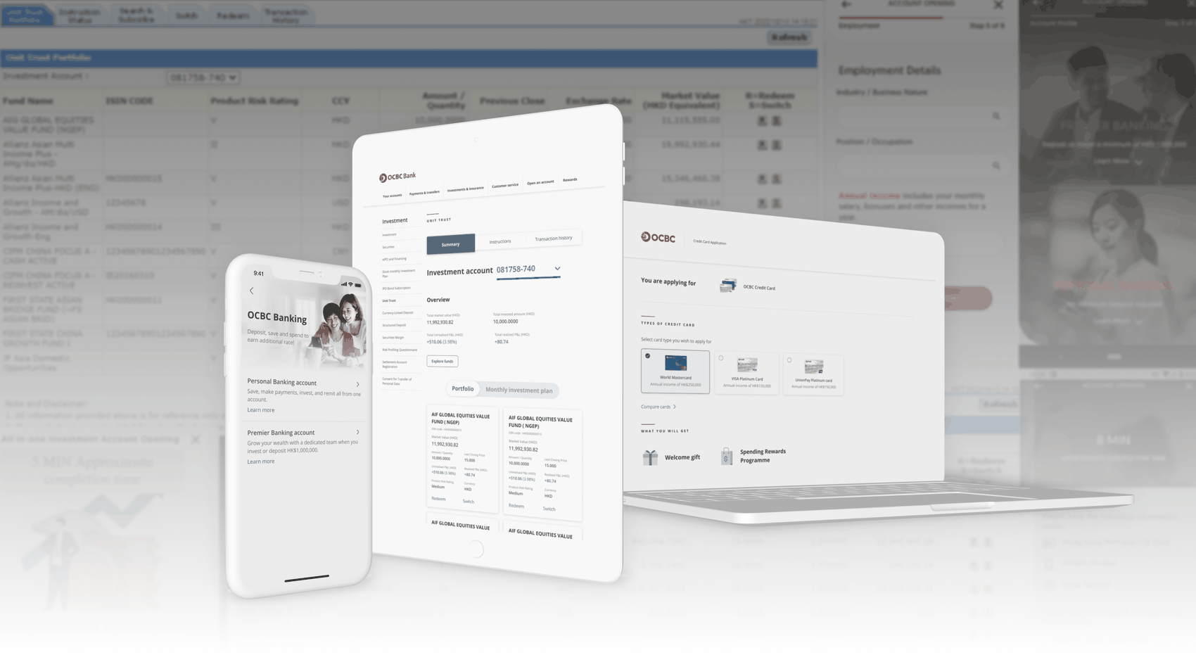 Redesigned card-based investment account view aligned across mobile and desktop, alongside credit card application screens