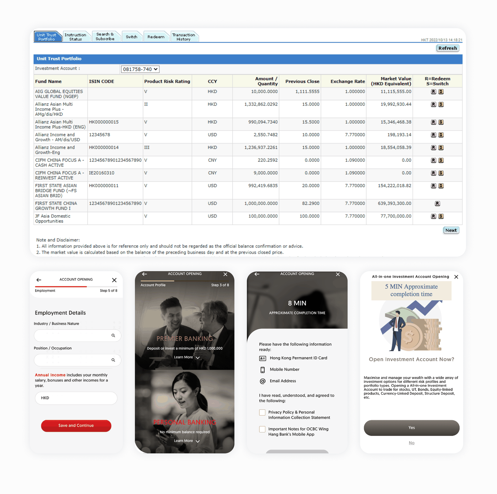Original unstyled table-based unit trust portfolio view alongside early account-opening step screens