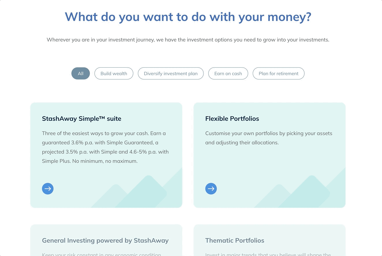 Investment discovery section headed What do you want to do with your money, with intent filters for Build wealth, Diversify investment plan, Earn on cash and Plan for retirement filtering product cards