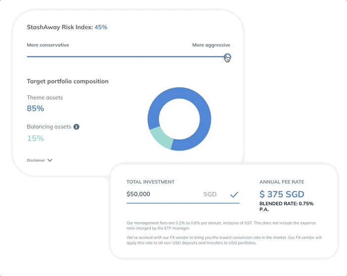 Four-step onboarding explainer — create an account, choose a portfolio, fund your investment, monitor your performance — beside a phone showing the sign-up form