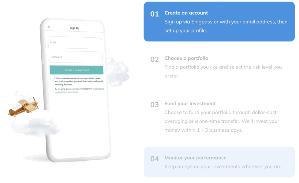 Interactive StashAway Risk Index widget: a conservative-to-aggressive slider updating target portfolio composition, with a linked total investment and annual fee calculator