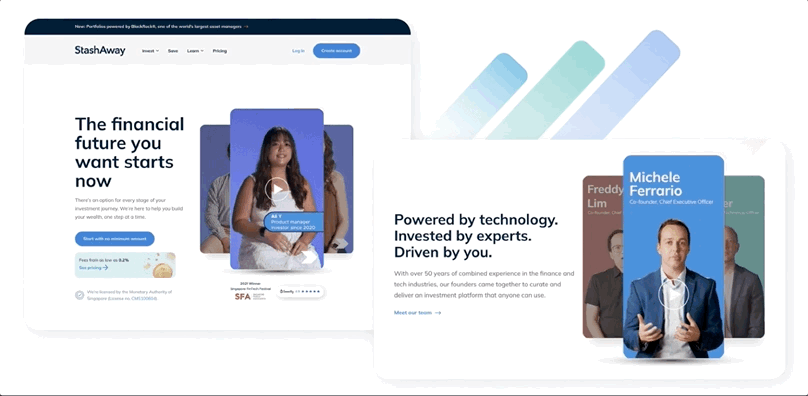 StashAway homepage above the fold: headline, MAS licence number, 2021 Singapore FinTech Festival award and Seedly rating, alongside a founder video module